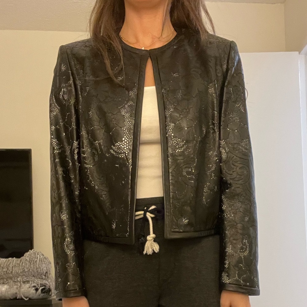 Escada Lace Detail Black Leather Jacket